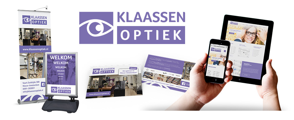 Ontwerp logo, huisstijl, flyer, advertentie ontwerp, website ontwerp Klaassen Optiek
